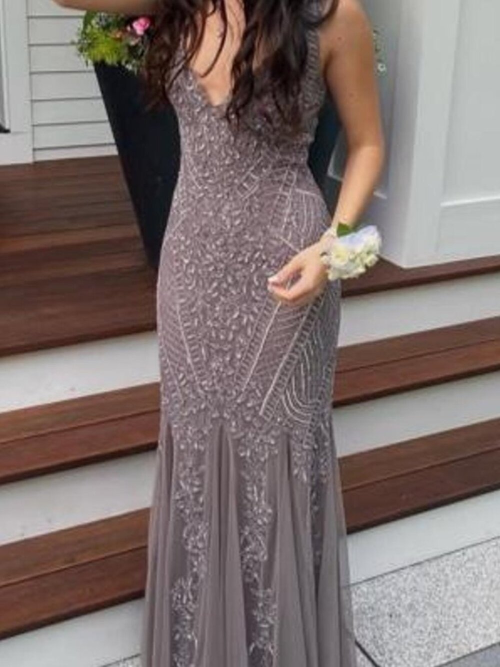 beaded gray prom dress